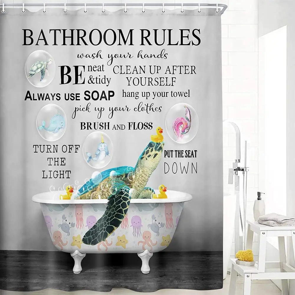 Funny Kids Shower Curtain Sea Turtle Motivational Bathroom Rules Inspirational Educational Ocean Animal Bath Curtains Decor Set