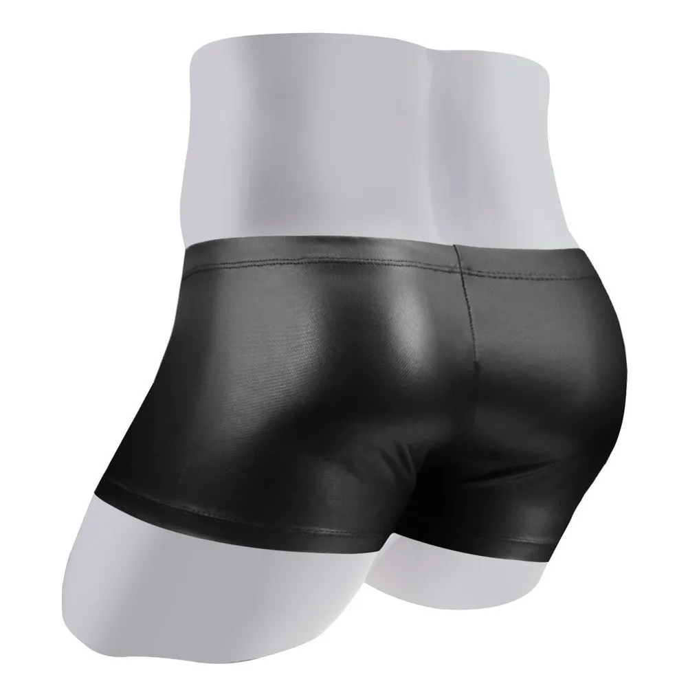 Men Boxer Briefs Faux Leather Hot Pants Underwear Solid Nightclub Party Shorts Tight Skinny Fit Gloss Patent Leather Elastic
