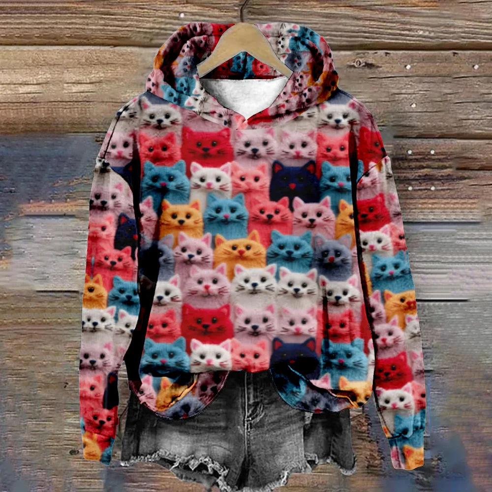 3D Kawaii Cat Hoodie for Women Cats Patchwork Design Harajuku Vintage Tracksuit Casual Streetwear