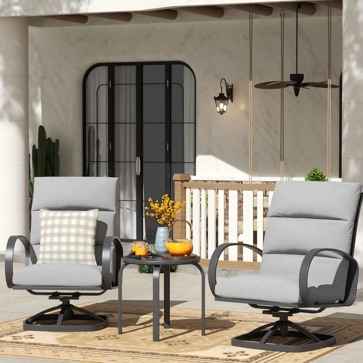 

3 Piece Outdoor Swivel Bistro Set with High Back Swivel Chairs Set of 2 with 5" Cushion and Round Table for, Customized
