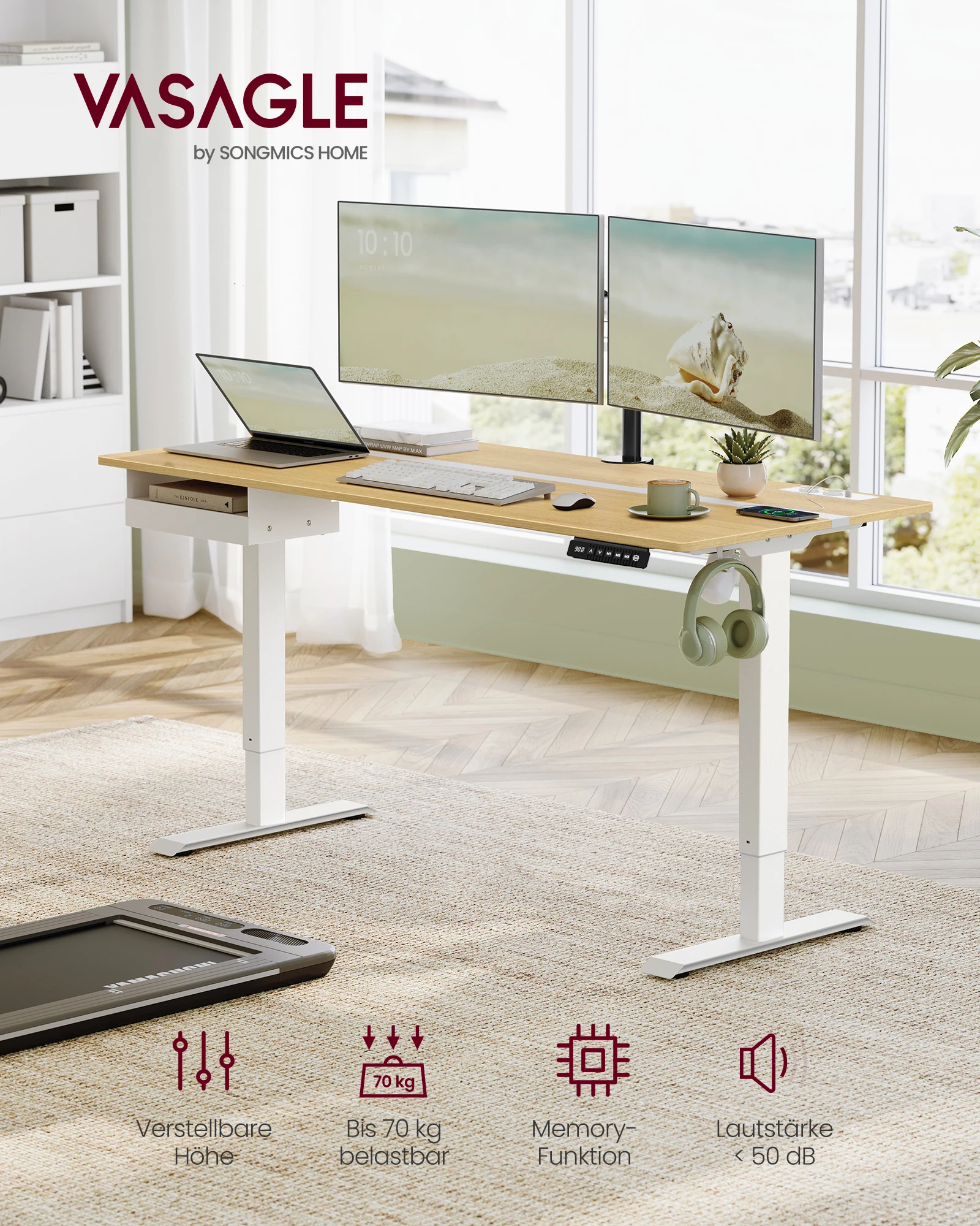 VASAGLE In hoogte verstelbaar bureau elektrisch, 70x160 cm, continu verstelbaar, geheugenfunctie met 4 hoogte