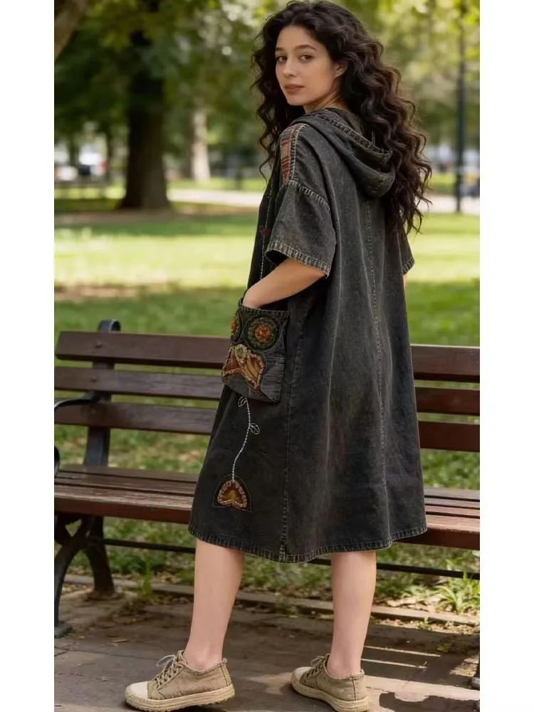 Amax LuluE Summer Vintage Loose Denim Dress Ladies 2026 Fashion Causal Embroidery Vestidos Womens British Classic Luxury Clothes