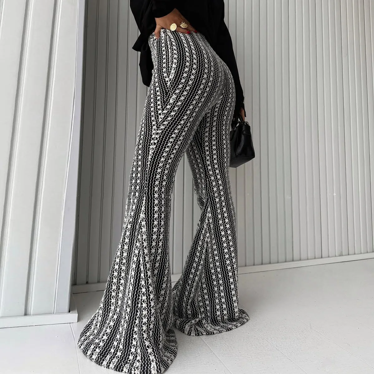Women's Black & White Striped Flared Pants Spring Summer High Waist Wide Leg Maxi Trousers Retro Elegant Outfit Dating & Events