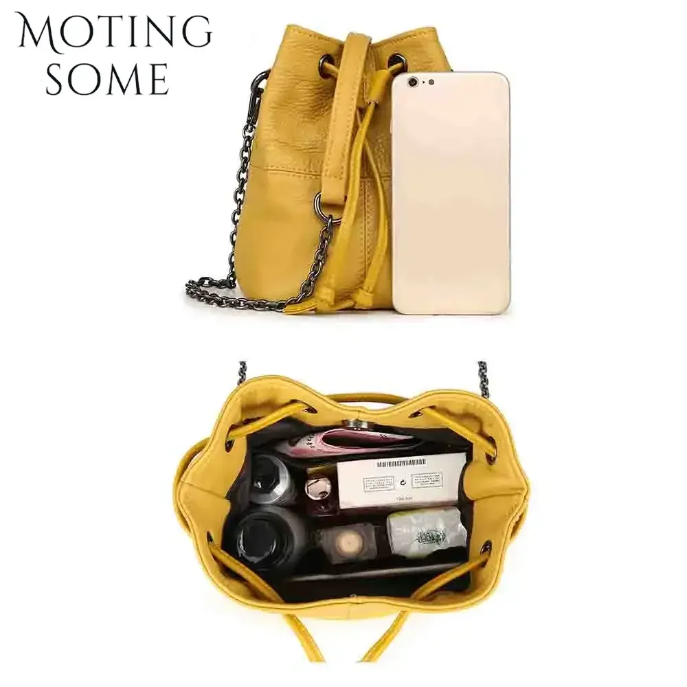 Motingsome borsa a secchiello Samll per donna 100% catene a mano in pelle naturale borse a tracolla Mini custodia femminile gialla novità nel 2024