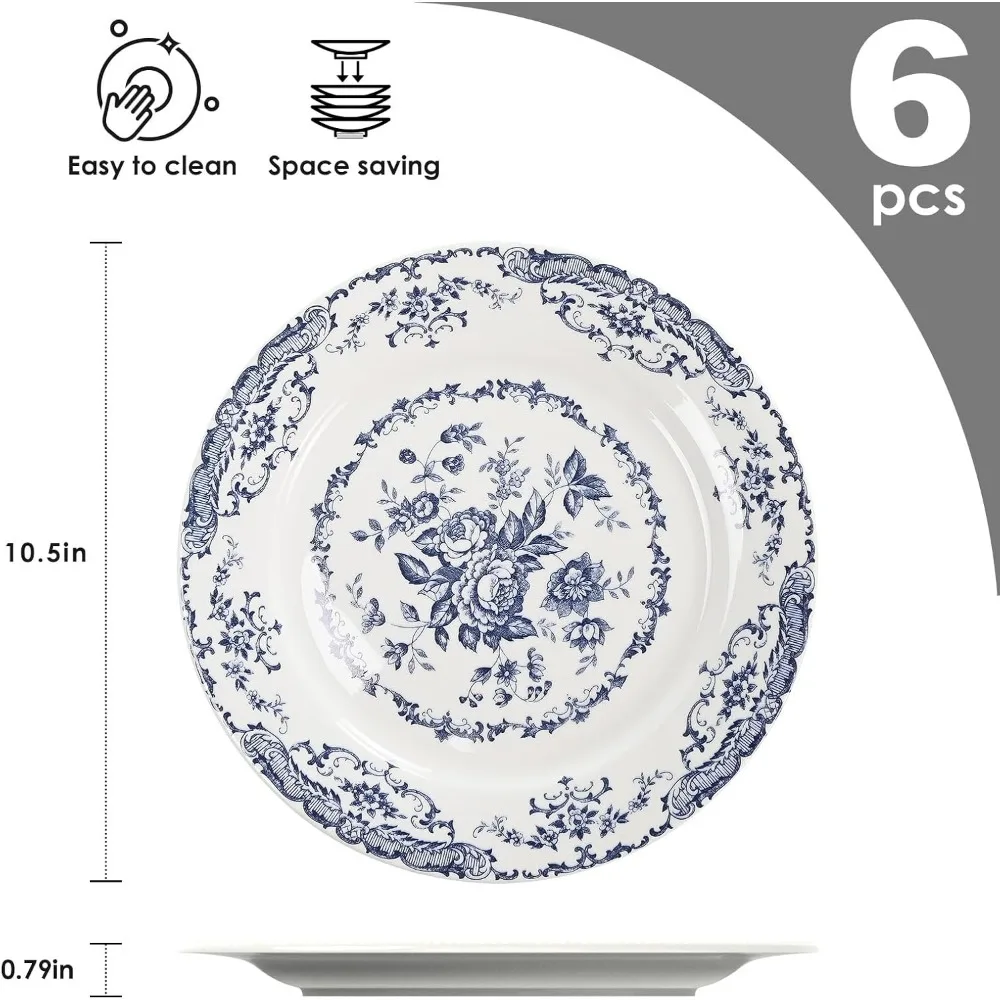 أطباق عشاء، طقم أطباق سيراميك مكون من 6 قطع، أطباق مطبخ آمنة للميكروويف، طبق أبيض للحلوى طبق زهري أزرق بورسلين (ورد أزرق #2