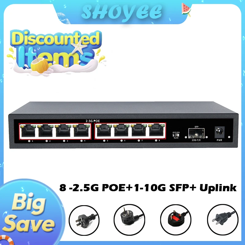 

9-портовый Ethernet-коммутатор POE RJ45 2,5GbE 10G SFP+ Сетевой коммутатор с невиуправлением Plug and Play для IP-камеры/NVR
