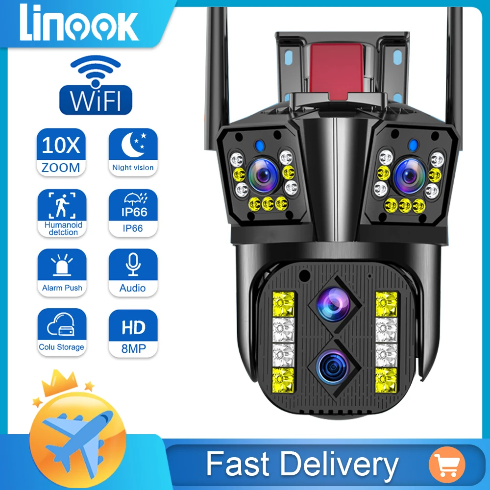 

Linook 12MP 6K ptz, CCTV wireless WIFI outdoor IP security camera, 10X optical zoom, 4 lenses, full color night vision