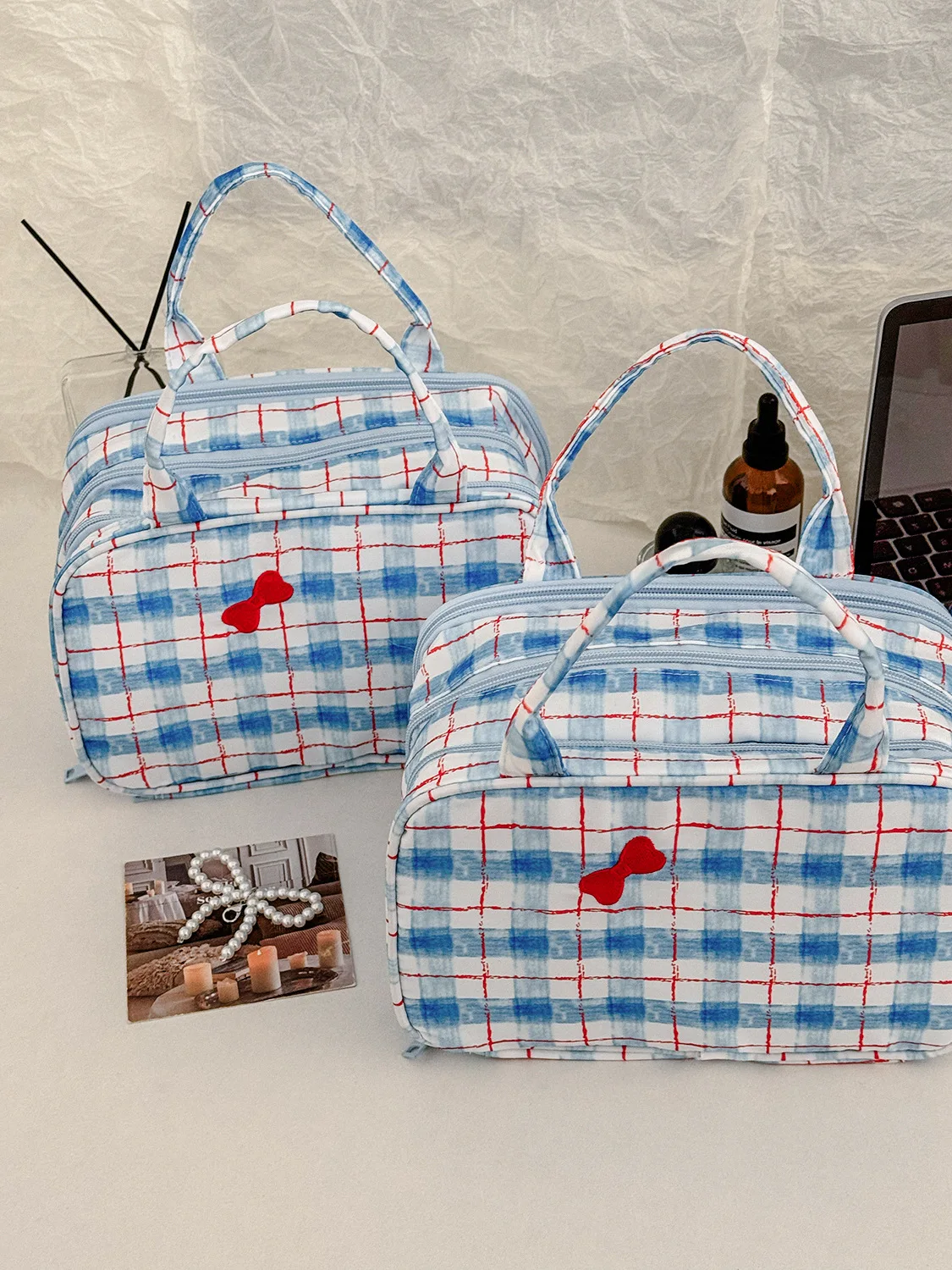 YT Large Capacity Portable Color-Block Plaid Bow Handbag Multi-Layer Storage Bag Makeup Organizer Blue Plaid with Red Stripes Ha
