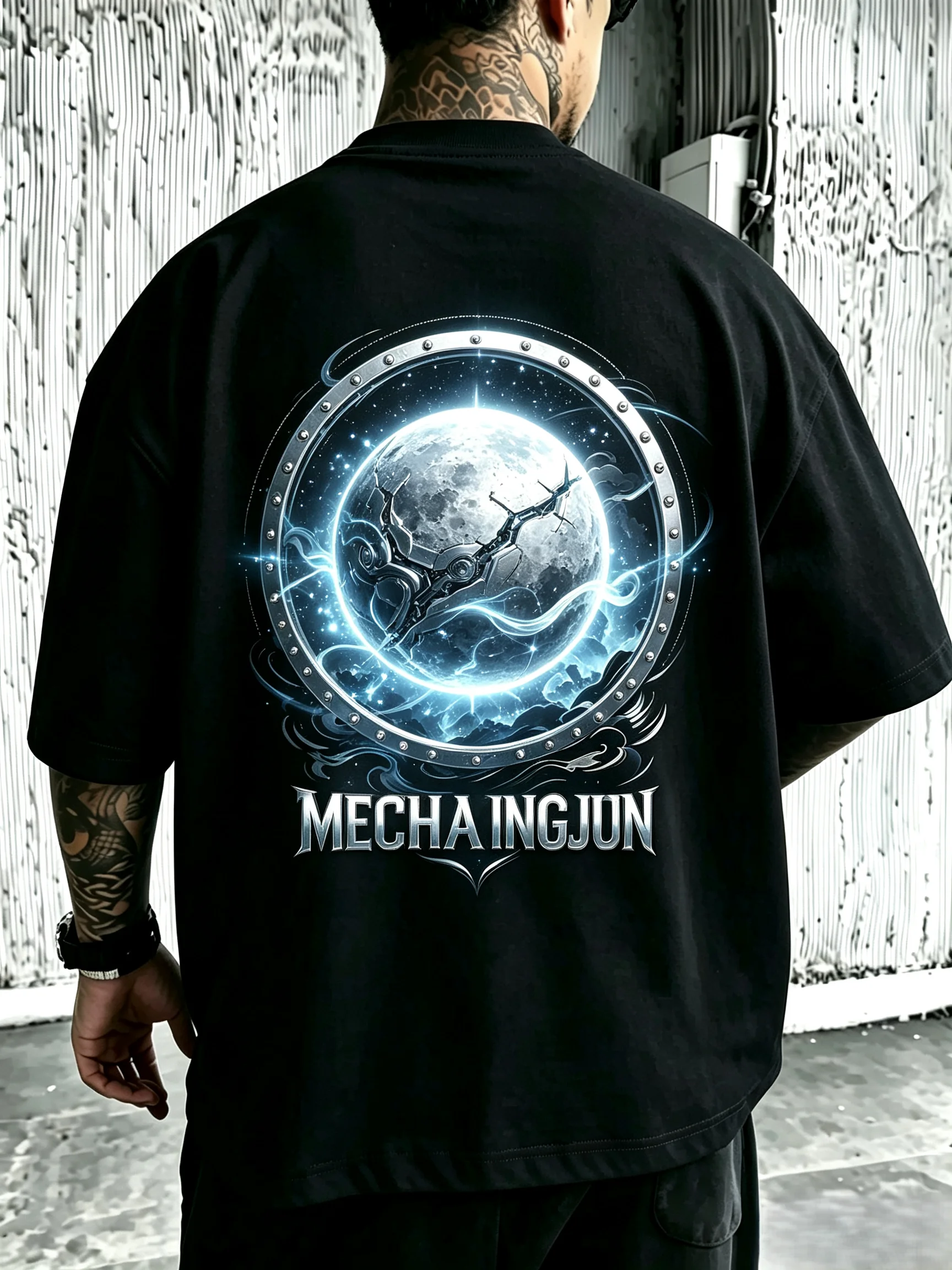 Unisex Mecha Moon Back Print T Shirt Men Women Sci-Fi Cracked Mechanical Planet Graphic Oversized Crew Neck Short Sleeve Tee Cyberpunk Streetwear Cotton Top