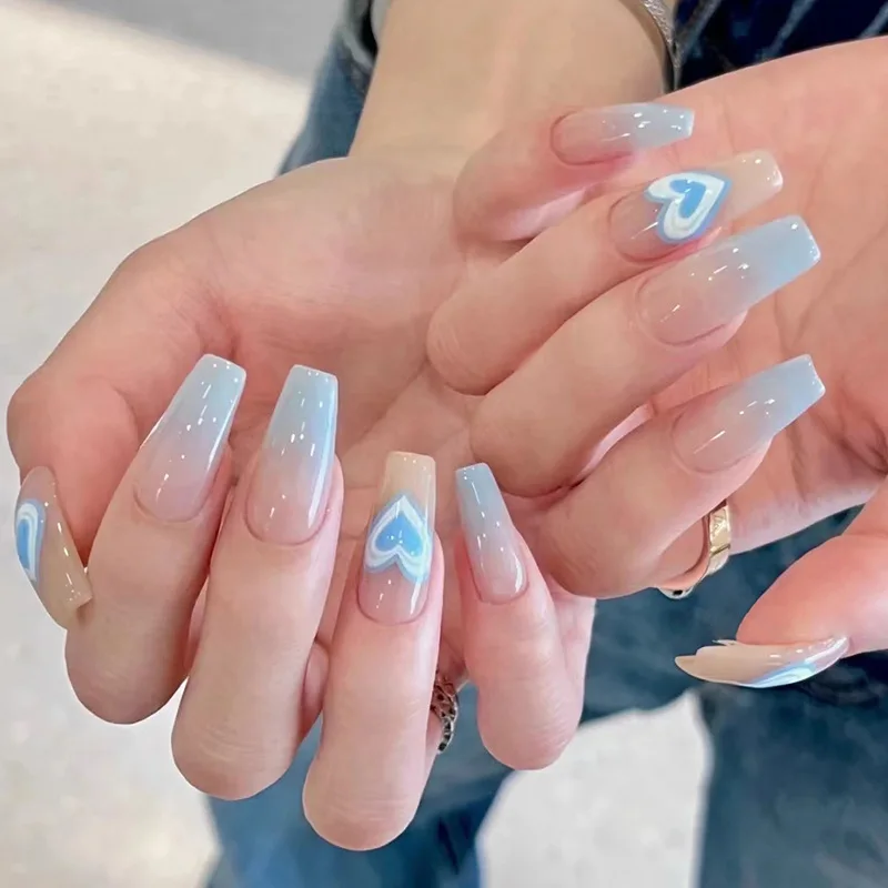 24pcs Long Heart Blue Gradient Beach Nails Press Ons with Charms Sweet Girls Square Wear Nail with Tools Korean False Nails Tips