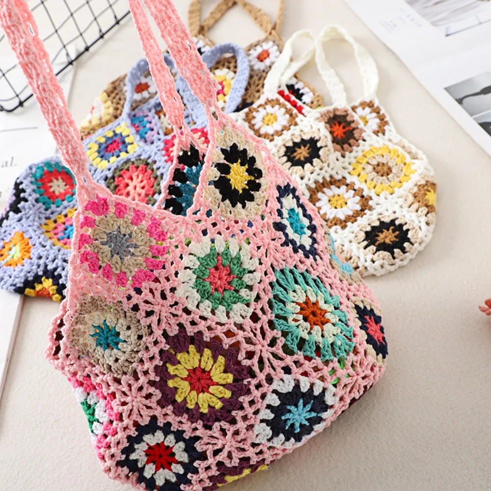 Women Tote Bag Floral Crochet Large Capacity Knitted Bag Trendy Handmade Cut-out Boho Bag Vintage Multicolor Hollow Out Handbag