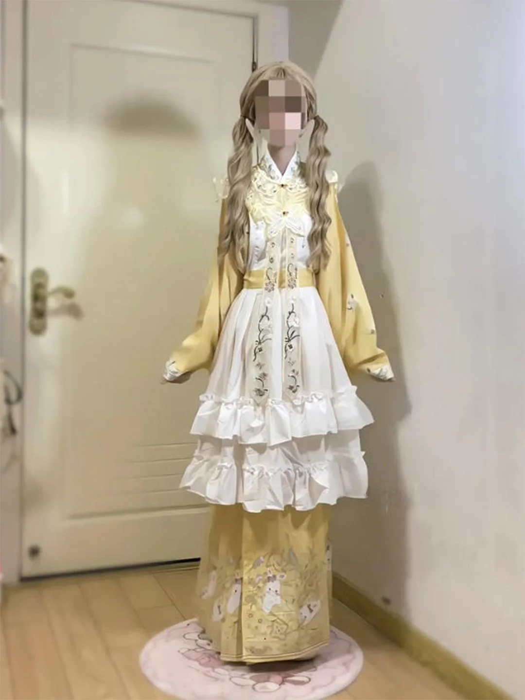 Yellow Hanbok Lolita Embroidered Cloud Shoulder  Mandarin Collar Pipa Sleeve Ma Face Skirt Women's Traditional Chine...