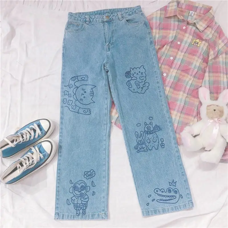 Women Sweet Cute High Waisted Jeans 2023 Spring All-Match Wide Leg Jeans Pants Soft Girl Harajuku Denim Jeans Plus Size Trousers