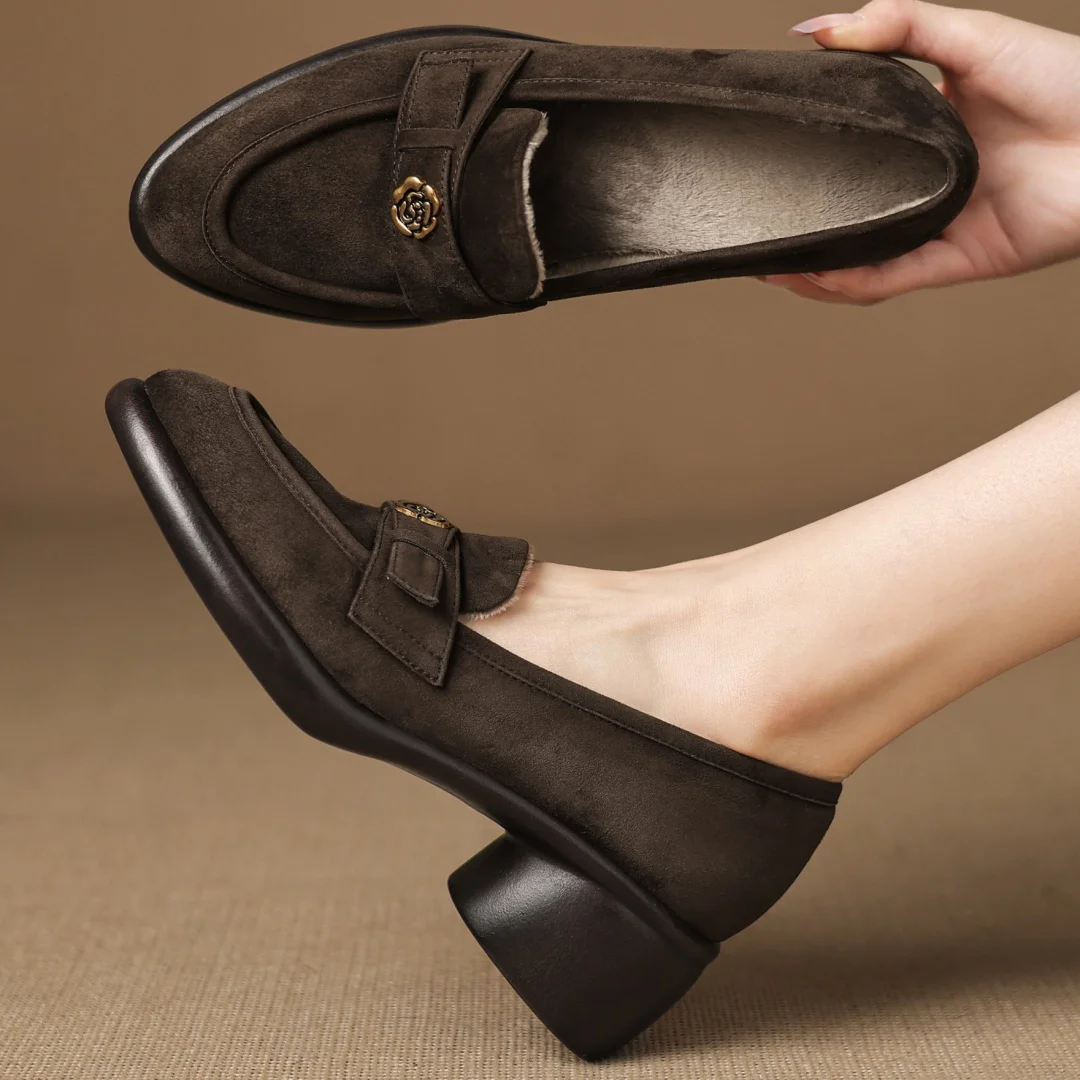 

danxuefei women's natural suede leather round toe metal buckle short plush inside winter warm loafers 5cm med heel moccasins hot