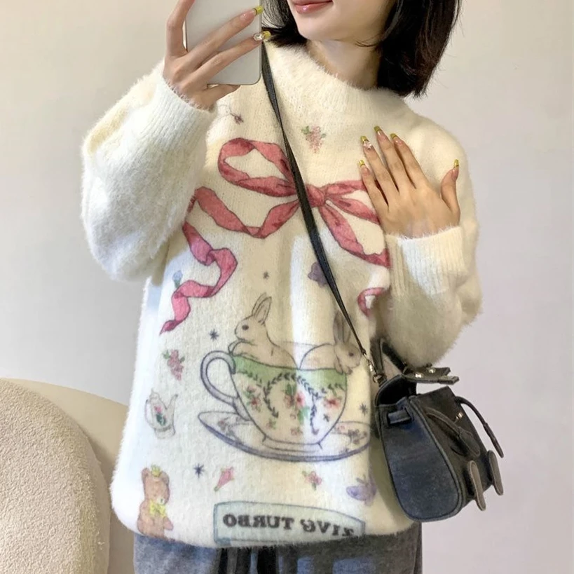 American Vintage Y2K Cartoon Rabbit Printed Sweater for Girls Loose Oversized Knitted Pullover Soft Comfortable Winter Clothes