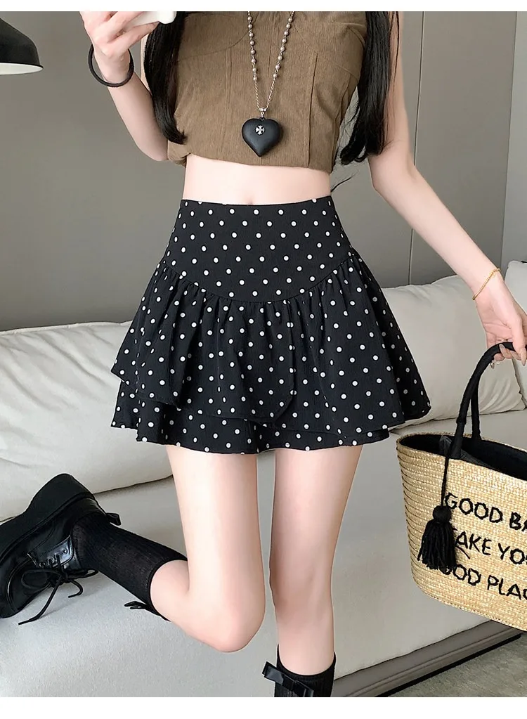 Koreanischer Stil Damen Polka Dot Minirock Hohe Taille Rüschen A-Linie Lässiger Pendler-Kurzrock mit Innenfutter – Detail 16