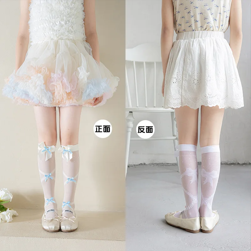 Children's Lolita Summer Lace Socks Sweet Candy Colored Ultra-thin Stockings Girl's Kids Cross Tie Pattern with Bow Silk Socks