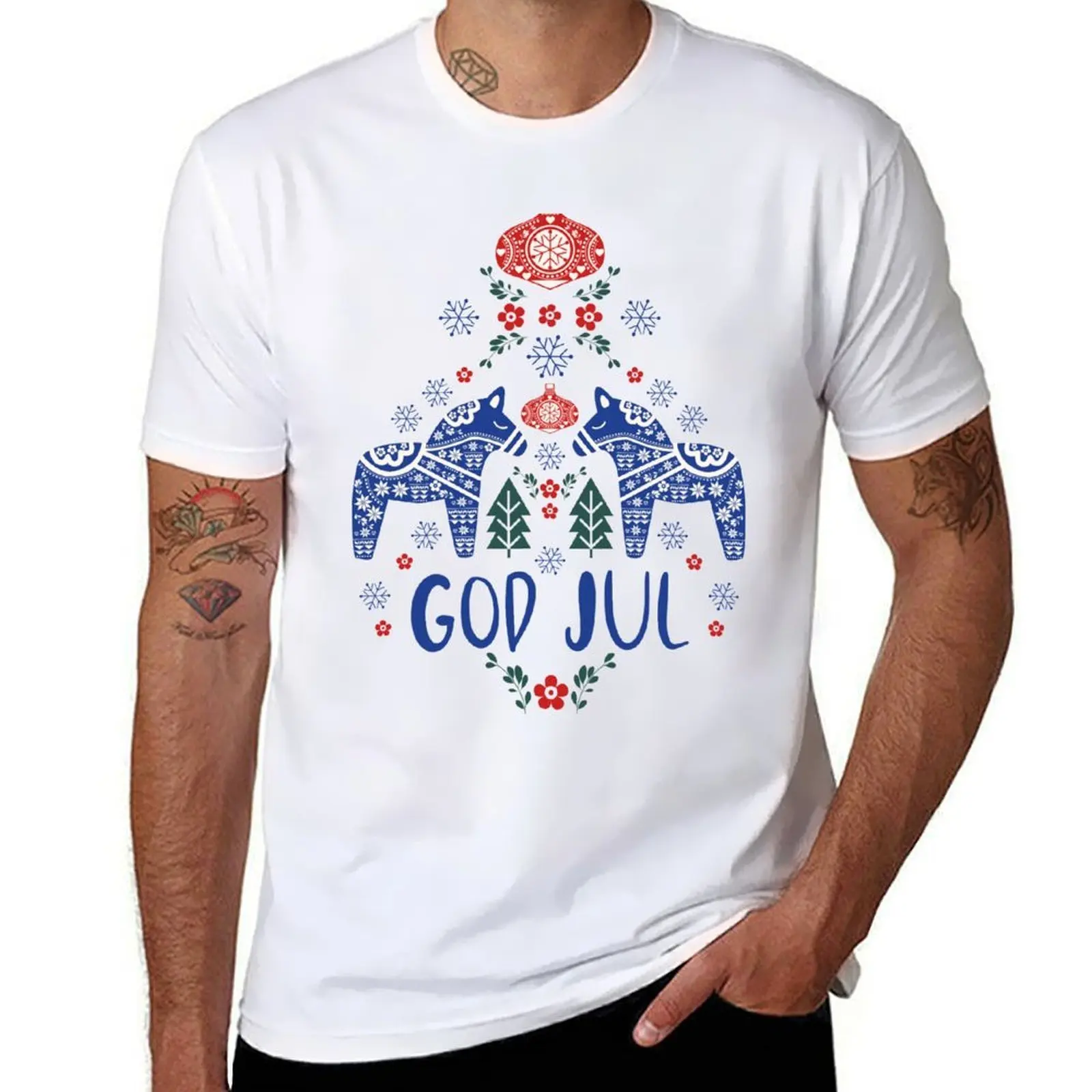 

Swedish Dala Horses God Jul Red Green Blue T-Shirt black cotton t-shirt plain for man package man graphic t shirt T-Shirt