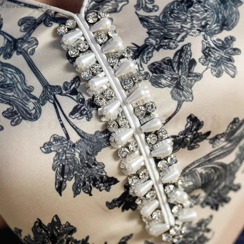 Splendidi abiti da festa per banchetti Medio Oriente Stampa di moda con scollo a V Abaya Abiti di perline fatti a mano di lusso Abito musulmano a maniche lunghe