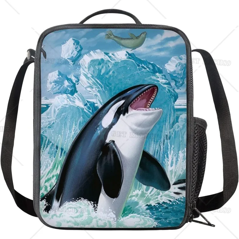 Killer Whale Insulated Lunch Box for Kids Girls Boys Animal Tote Reusable Food Lunch Bag for Daycare School Pouches with Strap