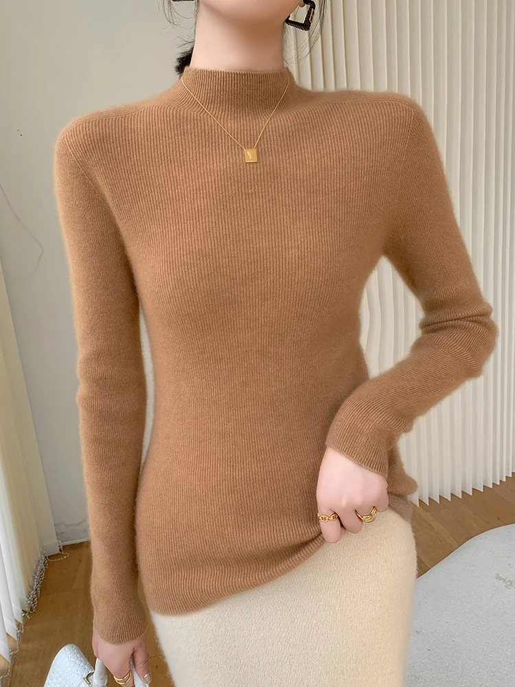 

Women Cashmere Mock-neck Slim Pullover Sweater Autumn Winter 100% Goat Cashmere Knitwear Basic Solid Bottoming Clothing Tops