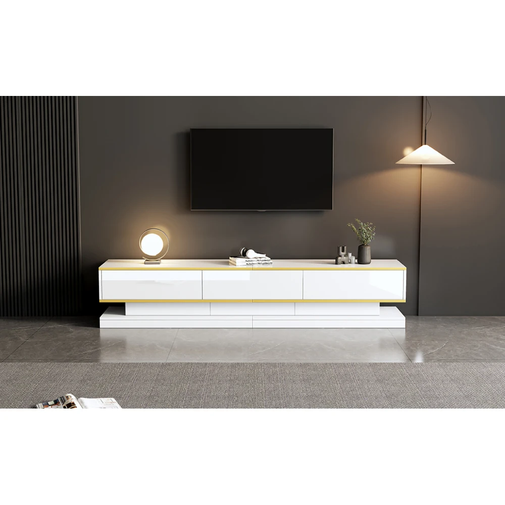 Moderner TV-Ständer mit 3 Schubladen, warmweißes Lowboard, goldener Rand, Wohnzimmer-Aufbewahrungsschrank – Detail 23