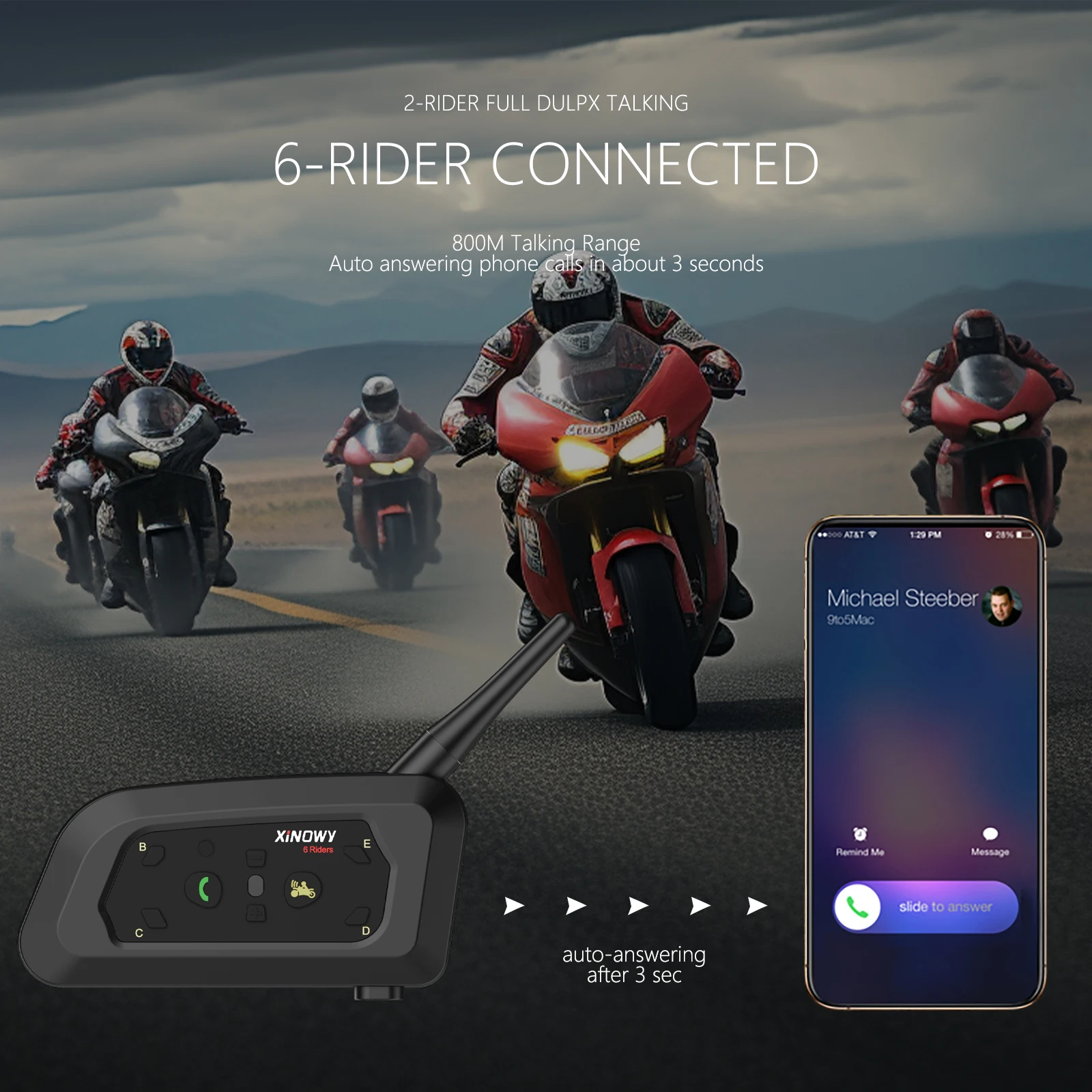 XINOWY V6 PRO 3.5mm Bluetooth Helmet Intercom Headset 800M Interphone Communicator for 6 Riders Music Player Waterproof IP65