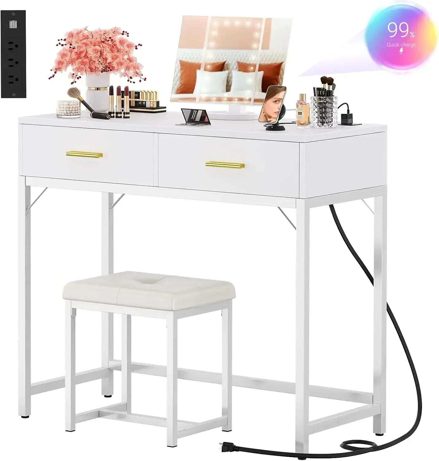 

Бестселлер: Белый туалетный столик с зарядной станцией, подсветкой зеркала и тройным откидным механизмом, компактный набор для макияжа
