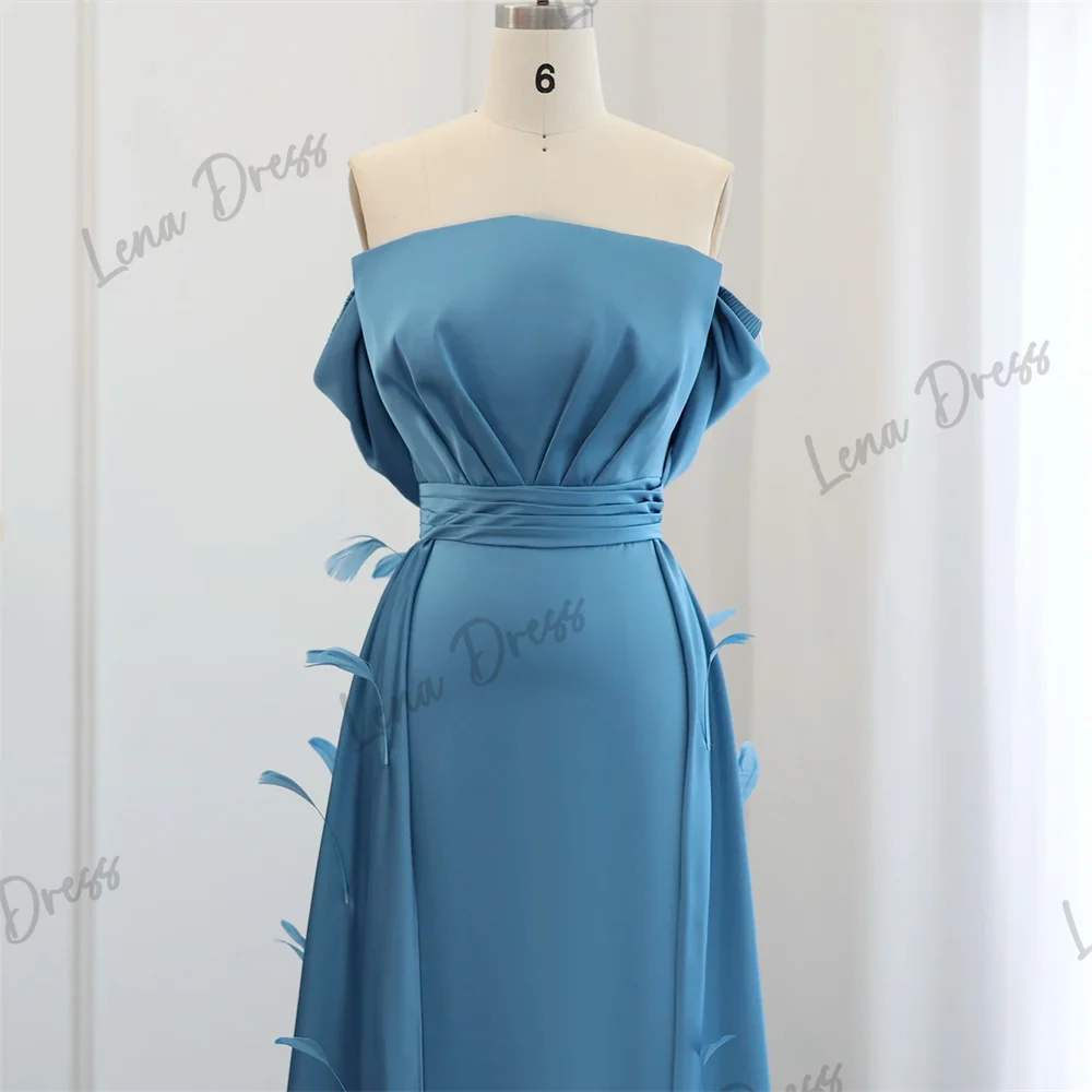 Lena Turquoise Blue Luxury Feather Dubai Evening Dress with Covering Skirt Cover Sleeves Arab Women's Wedding Party Dress