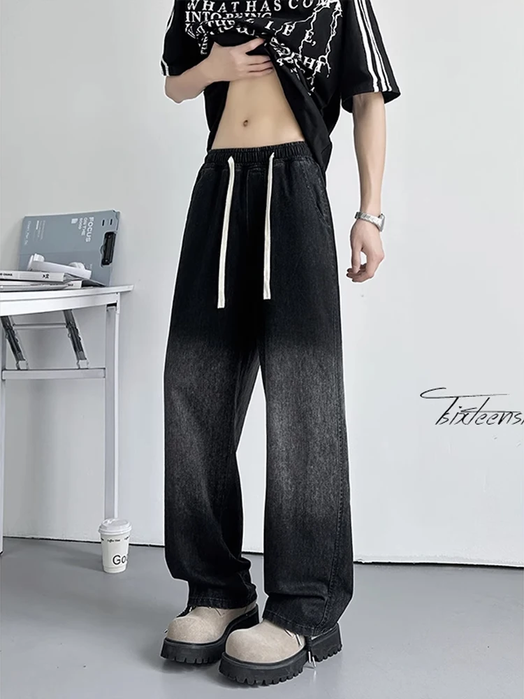 

American Retro Ice Silk Jeans Men Summer Thin Loose Straight Leg Wide Leg Pants Teenagers Silk Jeans Breathable Loose Fit