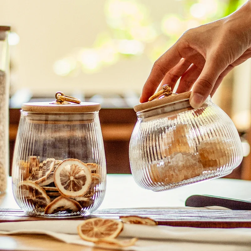 Bottiglia a righe in vetro con coperchi in bambù lattine sigillate trasparenti barattoli da tè decorativi per la casa organizzatore da cucina