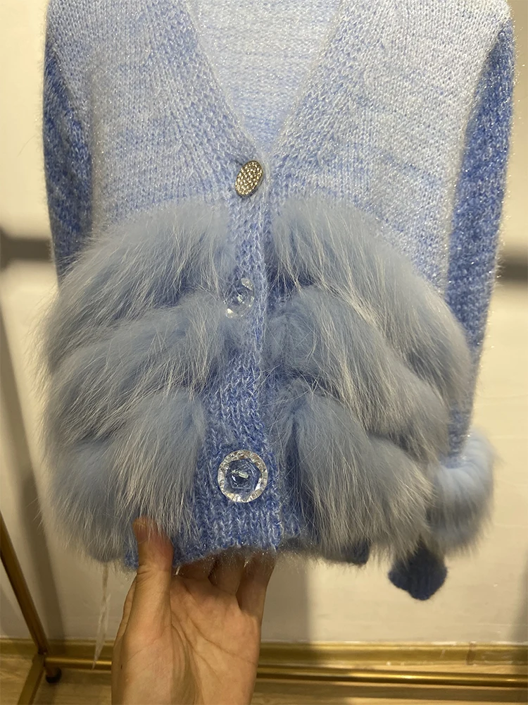 Pull tricoté en vraie fourrure de renard pour femme, décoration extérieure, mode automne, manteau à simple boutonnage