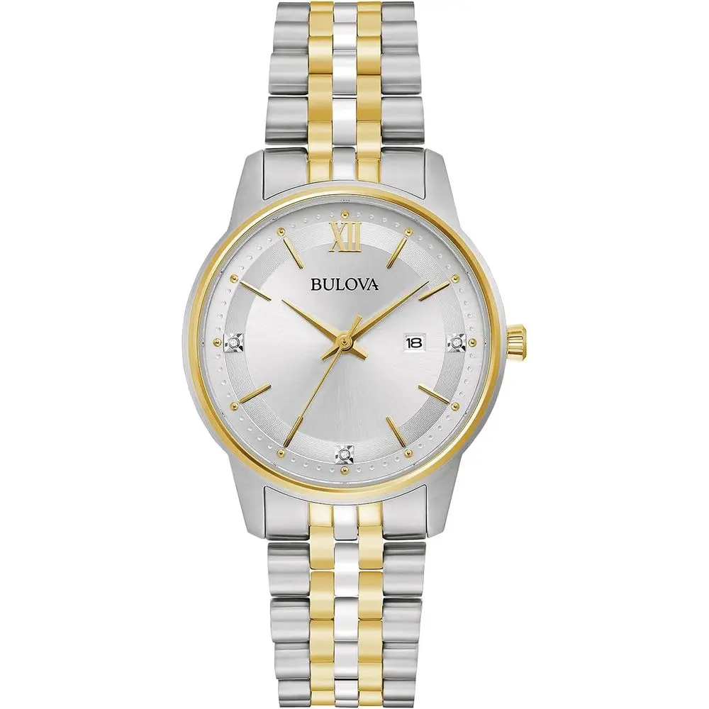 

Женские классические часы Bulova с бриллиантами, двухцветным золотым покрытием из нержавеющей стали, с тремя стрелками и календарем, кварцевые.