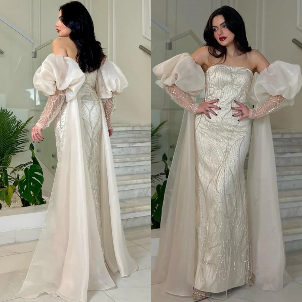 

Customized Temperament Organza Evening Dress Exquisite Long Sleeves Strapless Celebrity Gowns Luxury Special Occasion Gowns