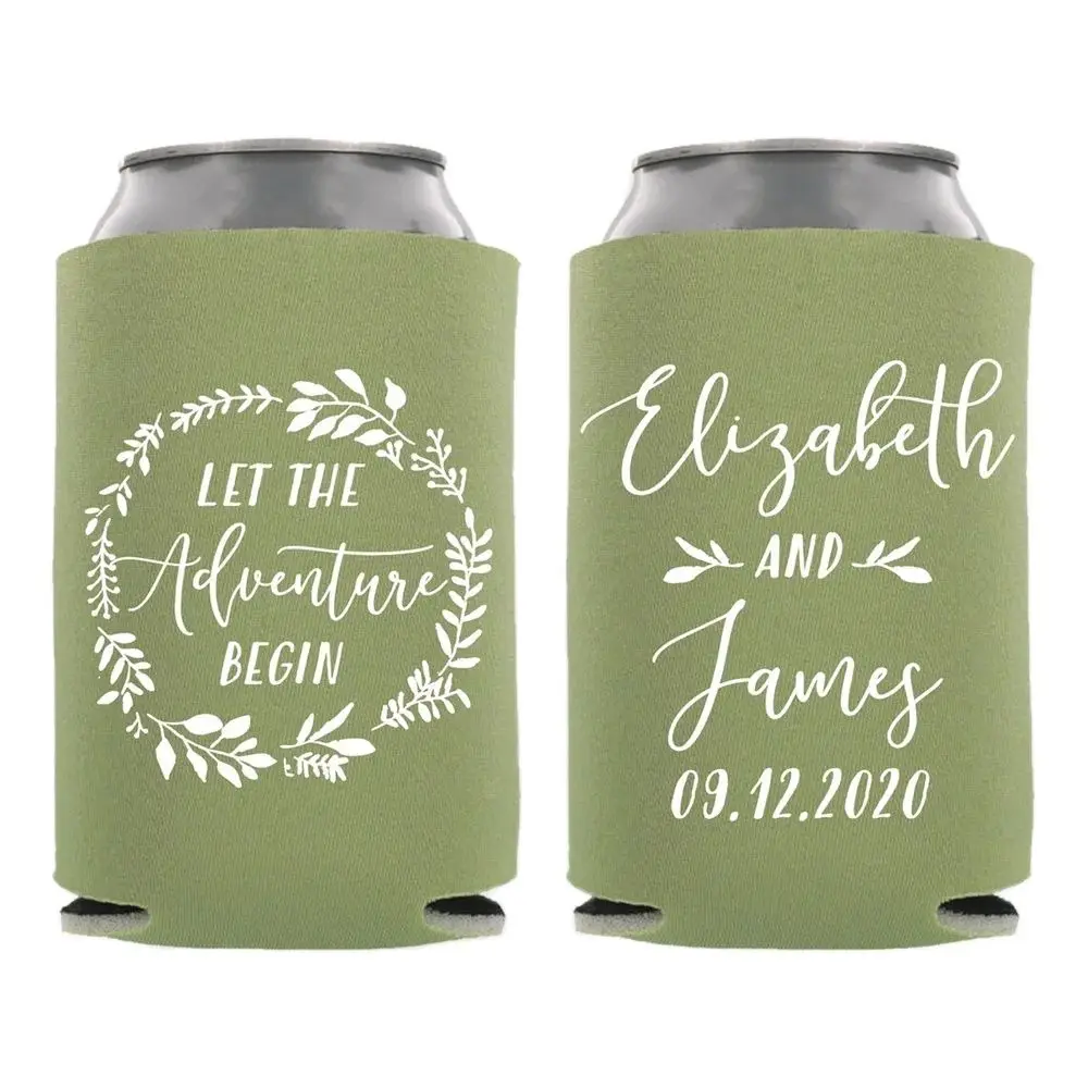 

Personalized Wedding Can Coolers | Let The Adventure Begin | Customized Wedding Favors | Goodie Bag, Drink Insulators, Beer Hugg