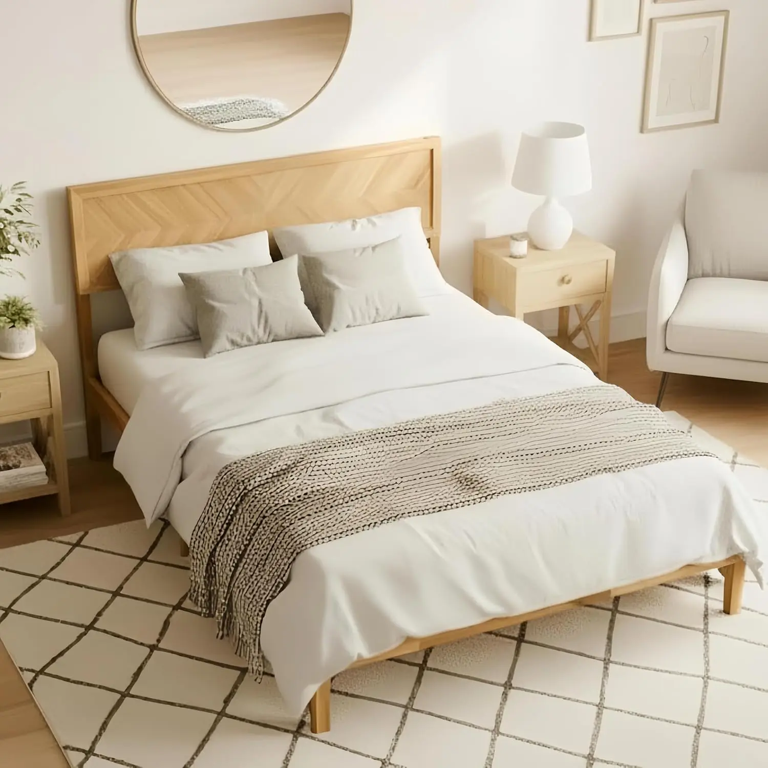 Acacia Wood Queen Bed Frame with Headboard & Storage, Solid Wood Platform with Slats, No Box Spring Needed, Customized