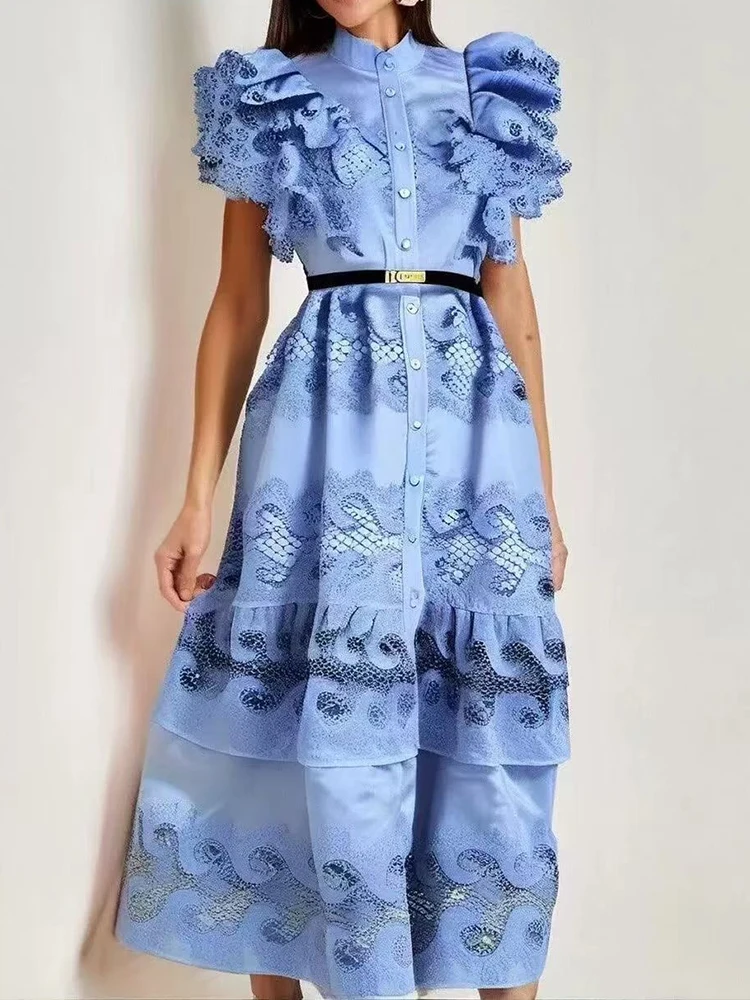 

2025 летнее женское новое модное ретро кружевное платье с полым воротником, однобортное тонкое платье с короткими рукавами и талией