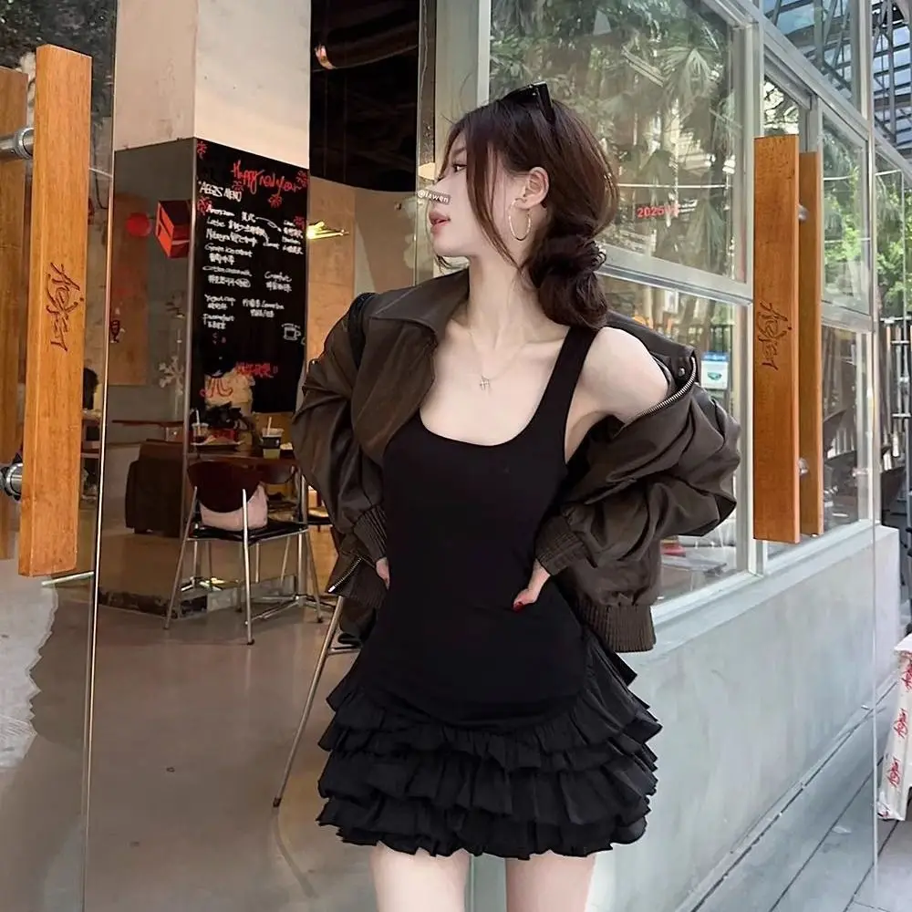 Sukienka typu slim fit z kwadratowym dekoltem, w stylu baletowym, z falbankami, damska krótka spódniczka, bez rękawów, w stylu spicy girl, sukienka na ramiączkach typu halter.