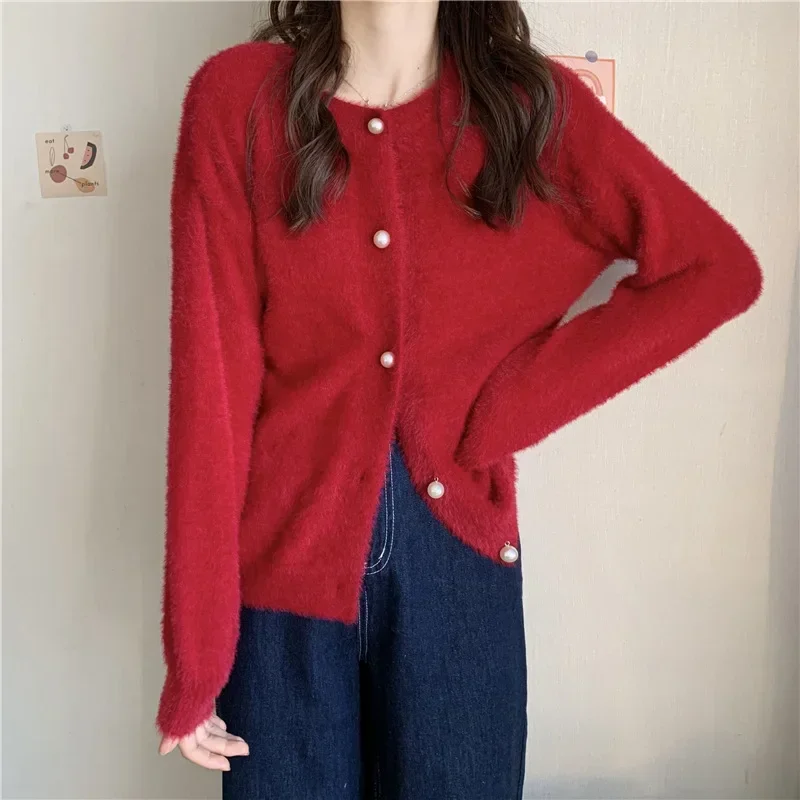 Korean Simple O-neck Single-breasted Imitation Mink Velvet Knitted Sweater  Casual Loose Y2k Cardigan Women Clothes