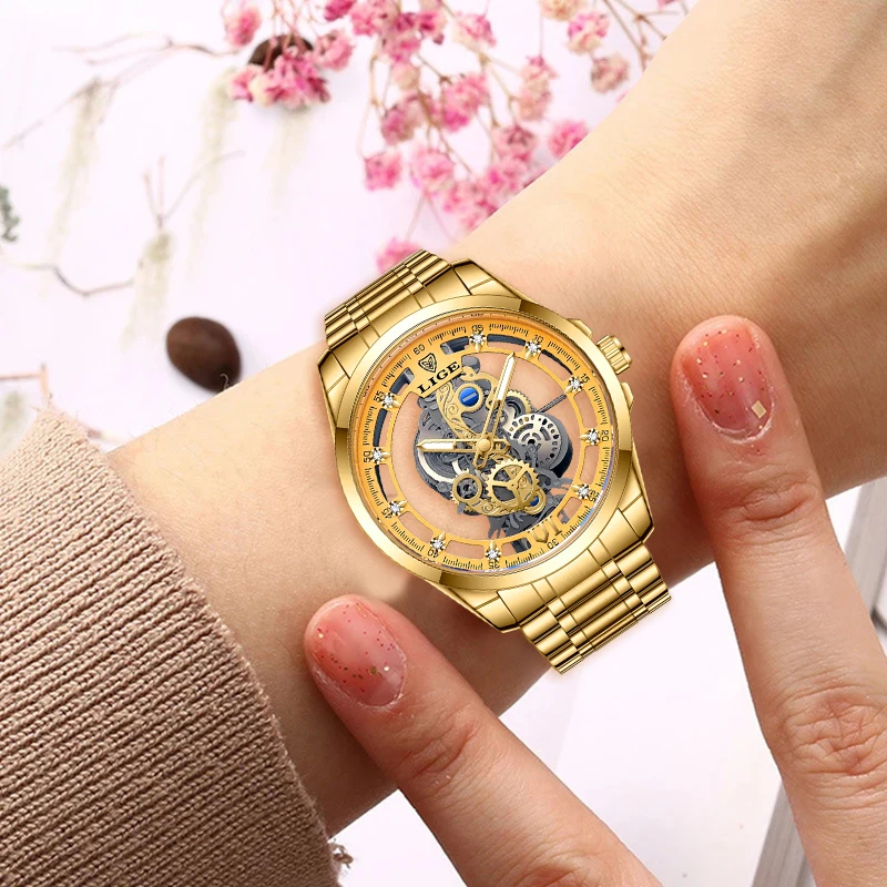 LIGE 2023 New Gold Watch Women Watches Ladies All Steel Skeleton Design Women\'s Bracelet Watches Female Clock Relogio Feminino