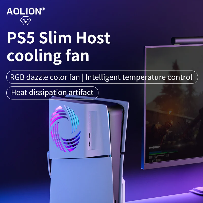 Aolion RGB Temperature Sensing Side-mounted Cooling Fan For PS5 Slim Digital/Disc Version 2 USB Ports Host Side Cooler For PS5