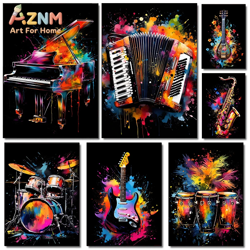 Colorful Music Instrument Canvas Wall Art Abstract Splash Art Piano, Accordion & Drum Prints for Music Studio