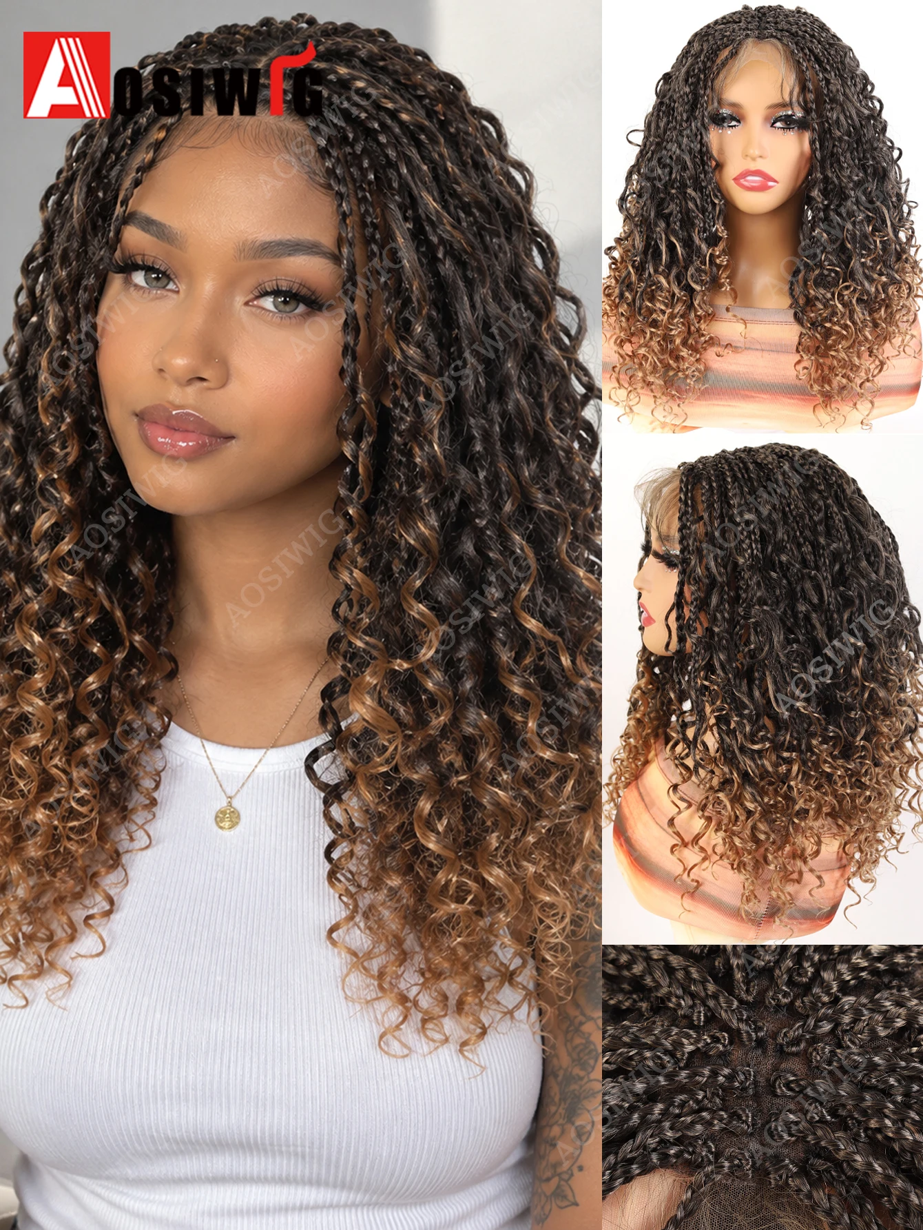 Box Braid Lace Front Wig Synthetic Braided Wig With Curly Ends 30×4cm Front Lace Protective Style Wigs For Black Women