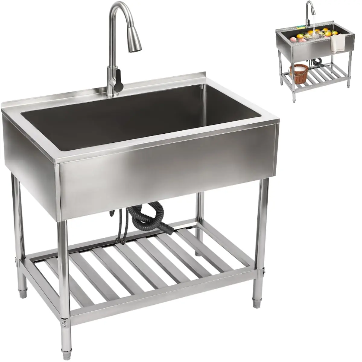 

Stainless Steel Utility Sink Free Standing Kitchen Sink Large Single Bowl Laundry Sink Garage Sink with Pull-Out Faucet & Lower