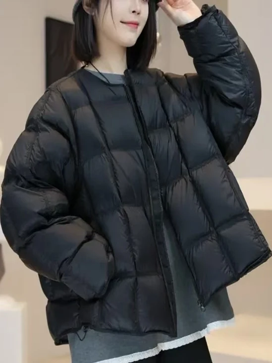 

Корейское утепленное короткое пальто-пуховик для женщин, зимняя верхняя одежда с круглым вырезом, большие размеры, для невысоких, милый дизайн, антивозрастной эффект