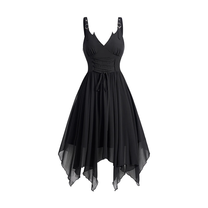 

Dressfo Womens Lace Up Gothic Dress Plain Color Adjustable Buckle Strap Handkerchief Dress Black Summer Dresses Sundresses