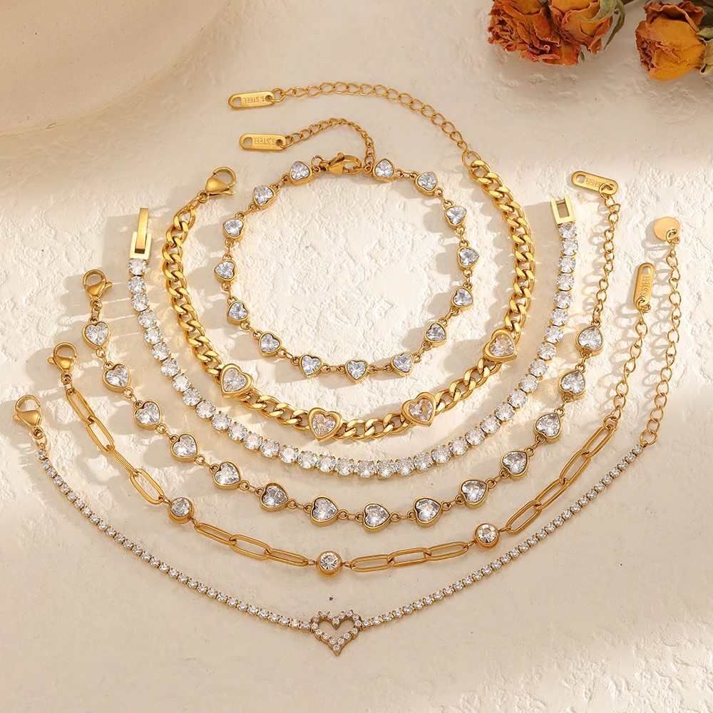 Zierliches Armband aus Edelstahl mit glänzendem Zirkon, 18K vergoldet, wasserdichter Schmuck, Geschenk für Frauen – Detail 1