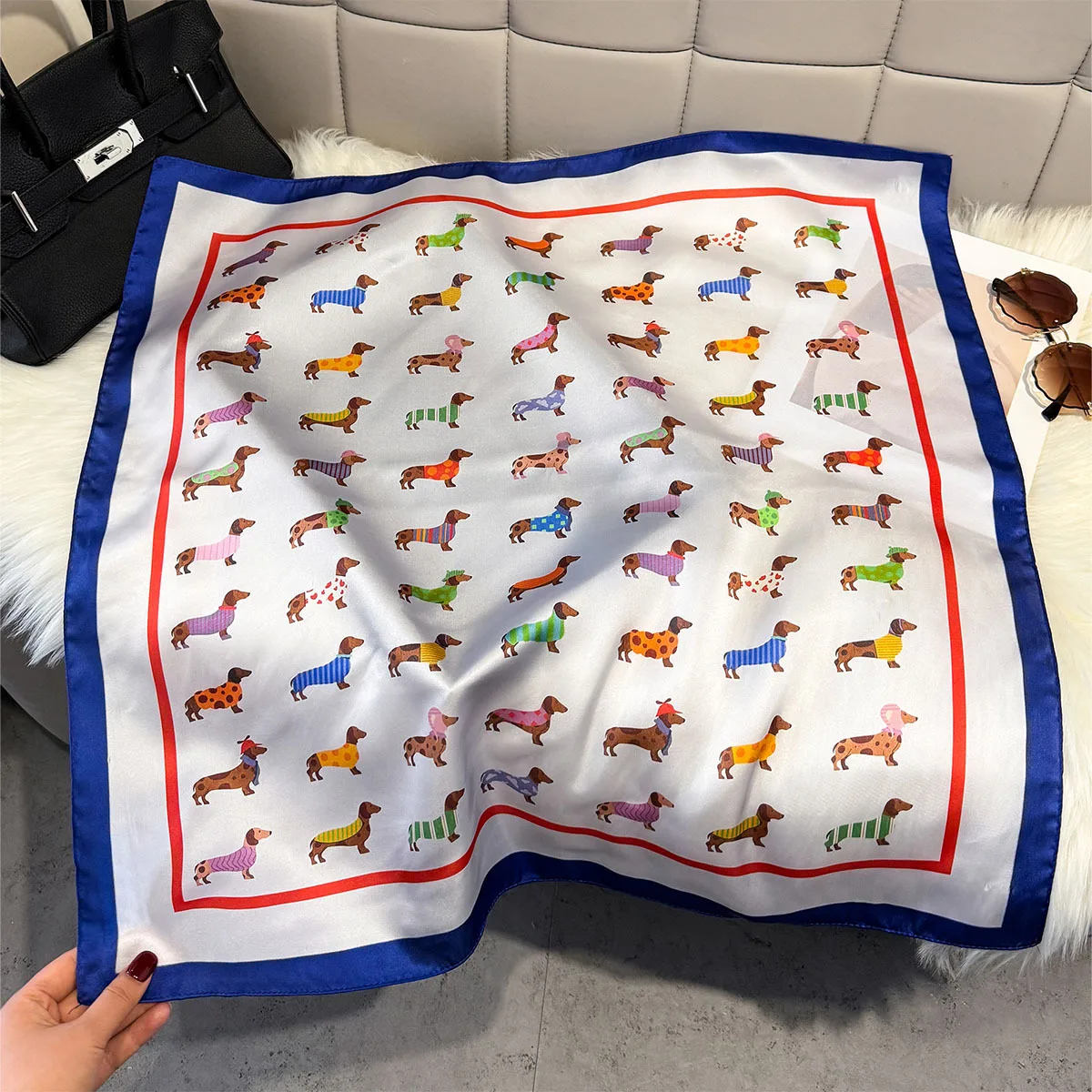Luxury Dog Print Square Scarf for Women Soft Satin Hairband Handbag Ribbon Foulard Hijab Neckerchief Stylish Ladies' Accessory view 6