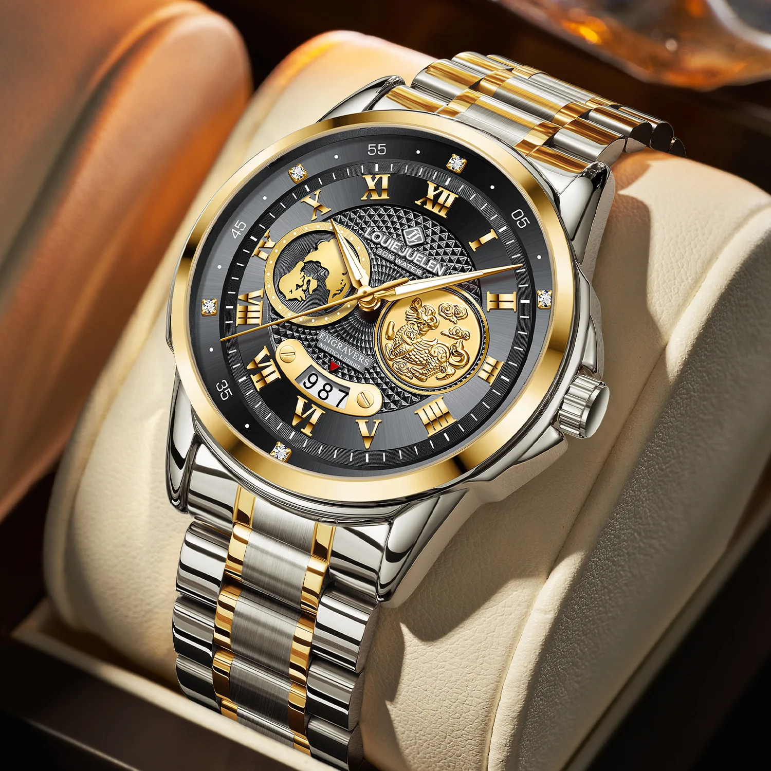 Stainless Steel Business World Map Kirin Emblem 30M Waterproof Luminous Quartz Watch for Men