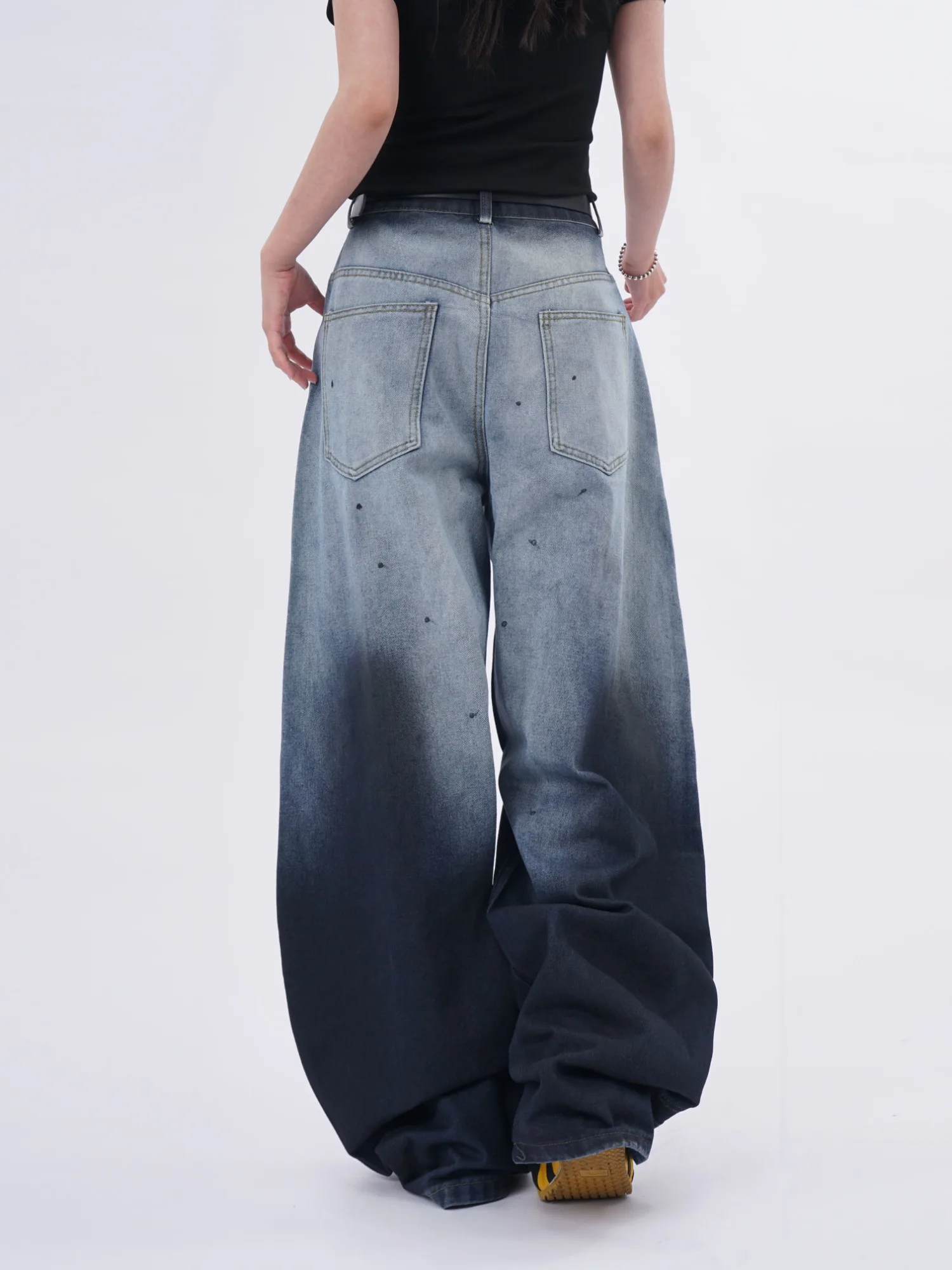 Damskie jeansy retro z gradientem, rozpryskami tuszu, luźne, z szerokimi nogawkami i zakrzywionym dołem, spodnie dżinsowe na wiosnę i jesień.